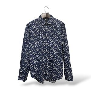 Awearness Kenneth Cole Navy Blue Slim Fit Abstract Patterned Shirt, Large